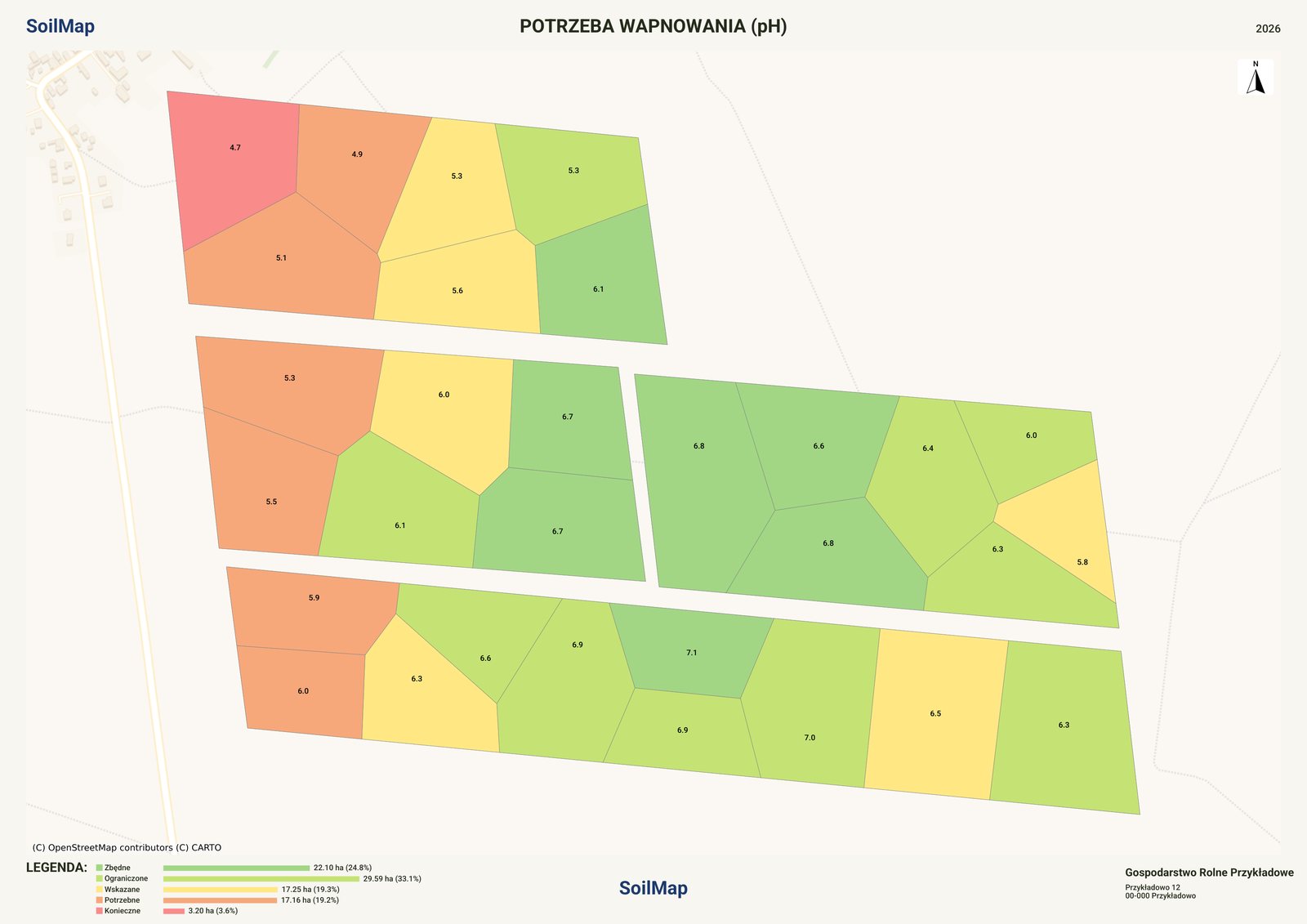 Arkusz A3: mapa potrzeb wapnowania z legendą powierzchni